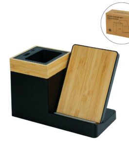 Bamboo Pen Holder with 15W Wireless Charger & LED Logo