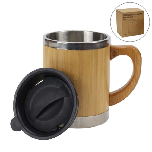 Bamboo & Stainless Steel Coffee Travel Mug with Handle and Lid