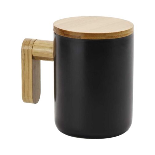 Black Ceramic Coffee Mugs with Bamboo Handle and Lid