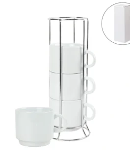 Ceramic Coffee Cups Set 4Pcs in Silver Metal Rack