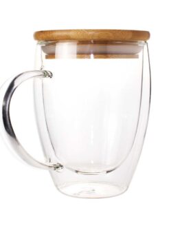 Double Wall Clear Glass Mug with Bamboo Lid