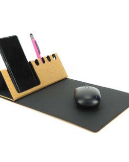 Foldable Cork+PU Mousepad with Mobile & Pen Holder