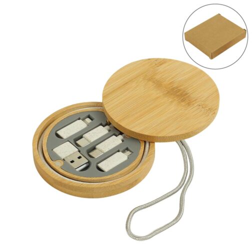 Multi-Charging Cable Set in Round Bamboo Case