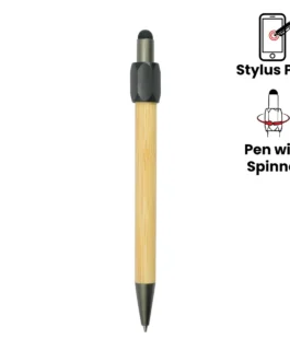 Bamboo and Metal Stylus Pens with Top Spinner (Blue Ink)